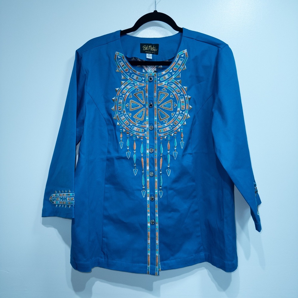 Bob Mackie Blue Embroidered Dreamcatcher Southwestern Aztec Print Jacket XL NWT